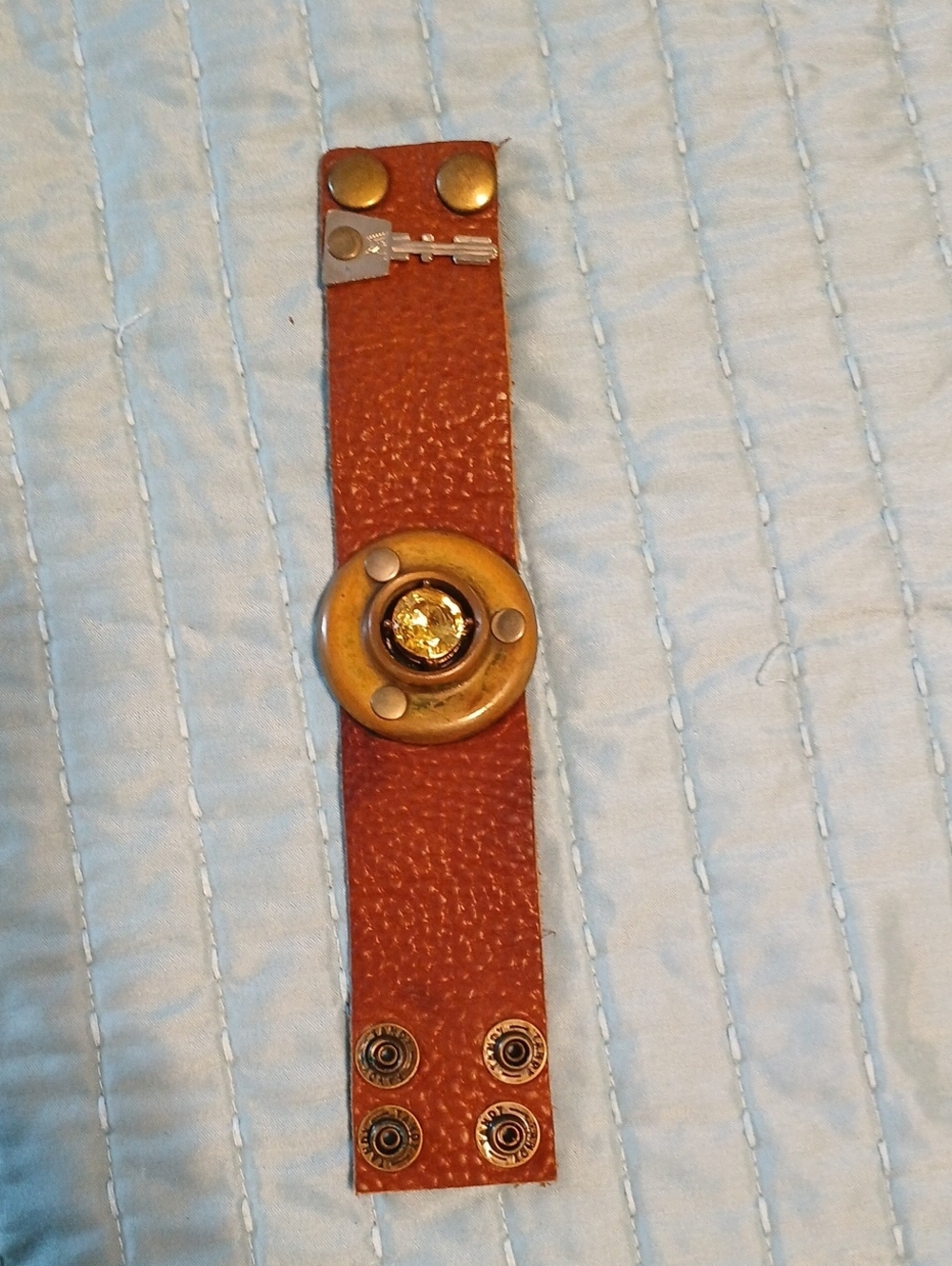 Brown Leather Snap Bracelet with Gold Accent